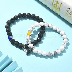 2 個 2 スタイルの天然溶岩石 & ハウライト ラウンド ビーズ ストレッチ ブレスレット セット  合金磁気ハートチャーム付きナザールボンジュウマッチカップルブレスレット  ブラック  内径：2-1/4インチ（5.6cm）  1個/スタイル&nbsp;BJEW-TA00326
