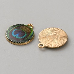 印刷された合金エナメルペンダント  孔雀の羽のチャームが付いたフラットラウンド  ゴールドカラー  濃い緑  20x17x2.2~2.8mm  穴：1.8mm  10個/セット&nbsp;FIND-WH0148-418D