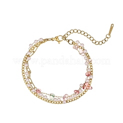 Gemstone Chip with Plastic Pearl Multi-strand Bracelets for Women&nbsp;BJEW-G739-01G