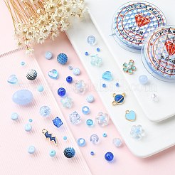 DIYチャームブレスレット作成キット  オーバル & ラウンド & イミテーション パール アクリル & プラスチック & ガラス シード ビーズを含む  稲妻 & 花 & ハート 合金エナメル チャーム  ブルー  1157個/袋&nbsp;DIY-FS0003-28