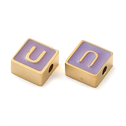 304ステンレススチールエナメルビーズ  14KGP本金メッキ  文字のある正方形  U字  8x8x4mm  穴：2mm&nbsp;STAS-L022-293G-U
