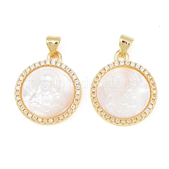 Rack Plating Brass Micro Pave Clear Cubic Zirconia Flat Round Pendants&nbsp;KK-U025-10G-05