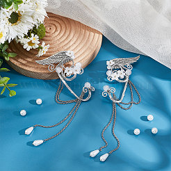Aluminum Wing and Flower Cuff Earrings with Plastic Pearl Tassel&nbsp;EJEW-WH0011-07P