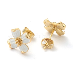 真鍮エナメルスタッドピアス  耳ナッツ  花  18KGP本金メッキ  ホワイト  11x12mm  ピン：0.8mm&nbsp;EJEW-J101-22G-01