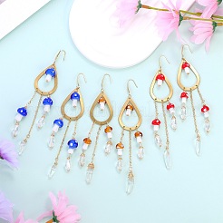 天然クォーツ クリスタル ティアドロップ & ランプワーク マッシュルーム シャンデリア イヤリング  女性用ゴールデン 316 サージカルステンレス ロングタッセル ドロップイヤリング  ブルー  120x20mm  ピン：0.8mm&nbsp;EJEW-SW00018-01