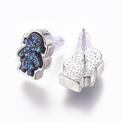 真鍮製スタンドピアス  ドゥルージーレジンカボション付き  女の子  プラチナ  ミックスカラー  13.5x9x4~6mm  ピン：0.8mm&nbsp;EJEW-J098-FP