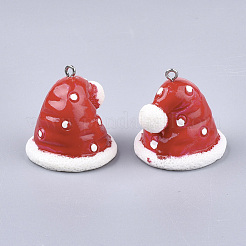 樹脂チャーム  プラチナトーン鉄パーツ  クリスマスの帽子  レッド  28.5x28~30x29~30mm  穴：2mm&nbsp;RESI-T028-27