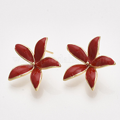 ブラスエナメルスタッドピアスのパーツ  カン付き  18KGP本金メッキ  ニッケルフリー  花  レッド  22.5x24mm  穴：1.2mm  ピン：0.8mm&nbsp;X-KK-T038-572C-G-NF