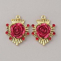 合金サイアムラインストーンペンダント  バラの花のチャームが付いたハートの王冠  ライトゴールド  30x23.5x8.5mm  穴：2mm&nbsp;FIND-WH0110-439