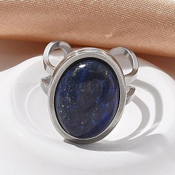 楕円形の天然宝石の指輪  女性用304ステンレススチールオープンカフリング  オーバル：21.5x16.5mm  内径: 調節可能&nbsp;RJEW-M062-02P-18