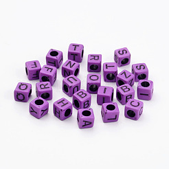 混合文字不透明アクリルキューブビーズ  水平穴  ミディアム蘭  6x6x6mm  穴：3mm&nbsp;X-SACR-S177-04
