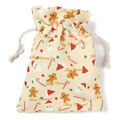 クリスマステーマの布プリント収納バッグ  巾着袋  長方形  ベージュ  20x15x0.4cm&nbsp;ABAG-F010-02C-04
