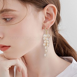 天然パールクラスターダングルフープピアス  女性用クリアキュービックジルコニア付き真鍮ロングドロップイヤリング  ゴールドカラー  73mm  ピン：0.7mm&nbsp;EJEW-TA00202