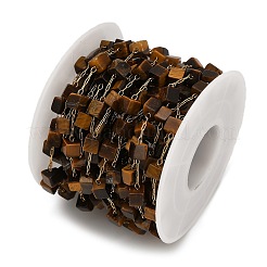 Handmade 304 Stainless Steel Tiger Eye Beads Cube Link Chains&nbsp;CHS-B011-02G-04