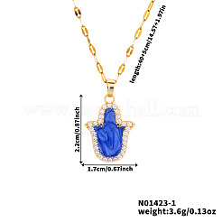 Vintage Brass Pave Clear Cubic Zirconia & Royal Blue Enamel Hamsa Hand Pendant Necklaces for Daily Wear and Holiday Gift&nbsp;CS1559-1