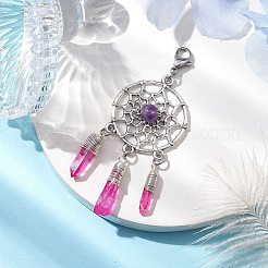 天然アメジストのペンダント装飾付き合金編みネット/ウェブ  ワイヤーで包まれた天然水晶チャーム装飾品  80x28mm&nbsp;HJEW-TA00194-04