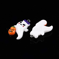 ハロウィン不透明樹脂ペンダント  プラチナトーンの鉄ループ付き  カボチャと幽霊  ホワイト  32x19x5.5mm  穴：2mm&nbsp;RESI-D055-105P