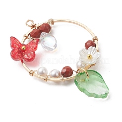 Faceted Round Natural Mixed Stone & Glass Butterfly & Plastic Flower Pendants&nbsp;PALLOY-JF05043