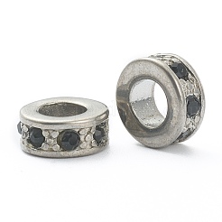 304ステンレススチールラインストーンビーズスペーサー  フラットラウンド  ジェット  アンティークシルバー  10x4mm  穴：5mm&nbsp;STAS-I181-026P