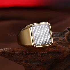 メンズステンレススチールフィンガー指輪  ワイドバンドリング  正方形  ホワイト  ゴールドカラー  usサイズ10（19.8mm）&nbsp;RJEW-BB29400-A-10