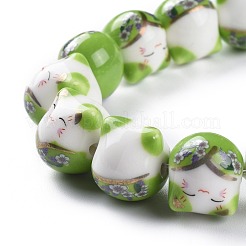 手作りプリント陶器ビーズ  花柄招き猫  グリーン  15mm  穴：2.3mm  約25個/連  13.58''（34.5センチメートル）&nbsp;PORC-M003-08D