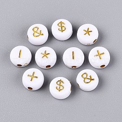 不透明なアクリルビーズ  金色の金属製ビーズ  シンボル模様とフラットラウンド  ゴールド  7x3.5mm  穴：1.5mm  約3333個/500g&nbsp;SACR-Q001-10A