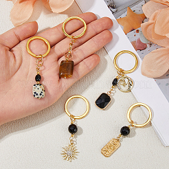 Natural Black Stone & Black Onyx & White Jade & Glass & Alloy Keychains&nbsp;KEYC-FH00085