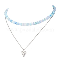 Alloy Heart Pendant Imitation Jade Glass Rondelle Beaded Double Layedred Necklaces&nbsp;NJEW-JN05529-02