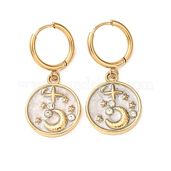 女性用304ステンレススチール製ラインストーン付きフープピアス  エナメル  月と星とフラットラウンド  39x18mm&nbsp;EJEW-F417-01G-01