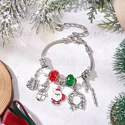 クリスマステーマのガラスと合金のヨーロッパビーズブレスレット（女性用）  真鍮の丸いスネークチェーンブレスレット  ミックスカラー  9-1/8インチ（23cm）&nbsp;BJEW-JB11198-02