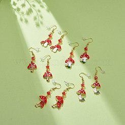 レッド合金エナメル マッシュルーム ガラス ビーズ ダングル イヤリング  女性のための真鍮のアクセサリー  混合模様  52~26mm  ピン：0.7mm&nbsp;EJEW-JE05049
