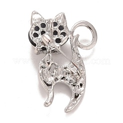 ラインストーン猫バッジ  バックパック服用動物合金襟章  プラチナ  ジェット  45x30x9.5mm  ピン：0.7mm&nbsp;JEWB-E013-06P