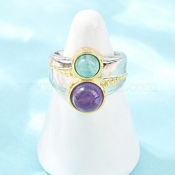 Natural Amethyst & Natural Amazonite with Brass Cuff Open Rings&nbsp;RJEW-B163-01GP-03