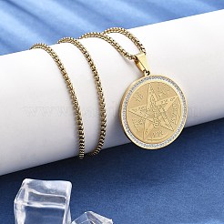 女性用ステンレススチールラインストーンペンダントネックレス201個  フラットラウンド  18KGP本金メッキ  23.35インチ（59.3cm）  ペンダント：37.8x34.8mm。&nbsp;LS-NJEW-U021-01G