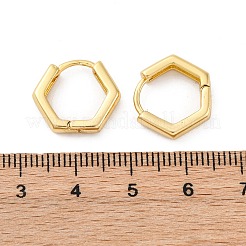 女性のための真鍮の六角形のヒンジ付きフープピアス  長持ちメッキ  カドミウムフリー＆ニッケルフリー＆鉛フリー  18KGP本金メッキ  14x15.5x3.5mm  ピン：0.8mm&nbsp;EJEW-P206-11G