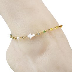 女性用、パヴェセッティングのクリアキュービックジルコニア、フラットラウンド＆クロス、ナチュラルホワイトシェル＆ファセットロンデルガラスビーズチェーンアンクレット  カラフル  ゴールドカラー  9-1/8インチ（230mm）&nbsp;AJEW-AN00824