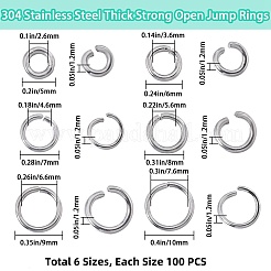 600個 6スタイル 304ステンレススチールオープン丸カン  ラウンド  チェーンメイル織り用  ステンレス鋼色  5~10x1.2mm  17ゲージ  内径：2.6~7.6mm  100個/スタイル&nbsp;STAS-SP0001-69