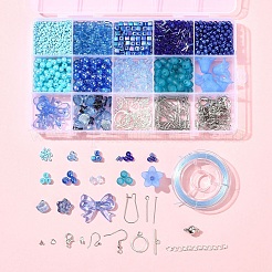 DIY ジュエリーセット ファインディングキット  ステンレススチールのピアスフックとピンを含む  合金の留め金  ガラス＆アクリルビーズ  伸縮性のある糸  ブルー&nbsp;DIY-FS0008-58