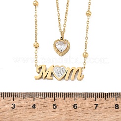 Mother's Day Double Layer 304 Stainless Steel Pave Clear Cubic Zirconia Word Mom Heart Pendant Necklaces for Women&nbsp;NJEW-L015-02G