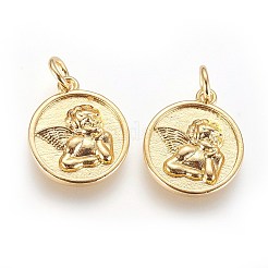 真鍮製チャーム  丸カン付き  天使とフラットラウンド  ゴールドカラー  15x13x2mm  穴：3mm&nbsp;LS-KK-G364-08G