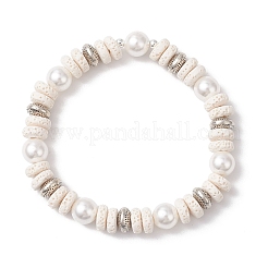 Flat Round Natural Lava Rock & Shell Pearl Beaded Stretch Bracelets for Women&nbsp;BJEW-JB12140-02