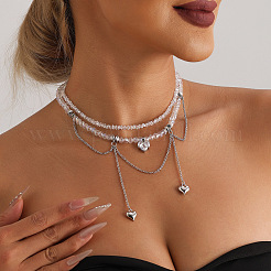 Alloy Pave Clear Cubic Zirconia Heart Tassel 2-Strand Choker Necklaces for Women&nbsp;WGFC514-01