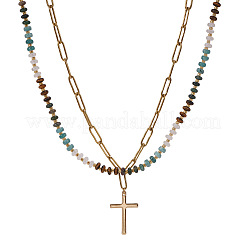Stainless Steel Religion Cross Pendant Colorful Natural Mixed Gemstone Rondelle Beaded Double Layer Necklaces for Women&nbsp;KG2971