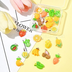 24個12スタイル不透明樹脂ペンダント  模造野菜・模造果物  プラチナトーンのアイアンループ付き  混合色  混合図形  20~28.5x14~20x3~7.5mm  穴：2mm  2個/スタイル&nbsp;RESI-FS0002-07