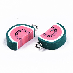 手作り樹脂粘土ペンダント  白金鉄パーツ  スイカ  グリーン＆レッド  18.5x10x4.5mm  穴：1.8mm&nbsp;CLAY-T016-70