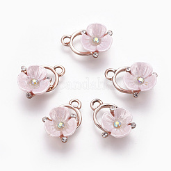 樹脂チャーム  合金パーツとラインストーン  花  ローズゴールド  ピンク  18.5x13x6mm  穴：2mm&nbsp;PALLOY-WH0046-07RG