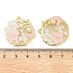 メッキ合金エナメルチャームラック  ABSの模造パールと  ゴールドカラー  フラワーチャーム付きフラットラウンド  ピンク  28x27.5x5mm  穴：2mm&nbsp;FIND-Q099-06G-02