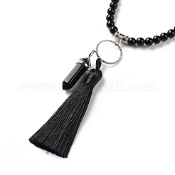 Natural Obsidian Bullet & Tassel Pendant Necklace with Mixed Gemstone Beaded Chains&nbsp;NJEW-E585-02A