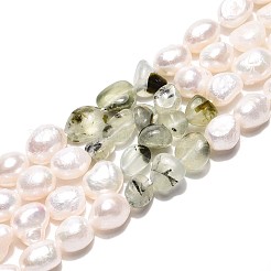 天然プレナイトナゲットと天然養殖淡水真珠ビーズ連売り  5.5~12x4.5~9x3.5~9mm  穴：0.8mm  パール：6~13x6~9x3.5~7.5mm  穴：0.6mm  約19~21個/連  6.30~6.69インチ（16~17cm）&nbsp;PEAR-N023-01A-10