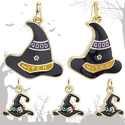 ハロウィンラックメッキ真鍮エナメルペンダント7個、2スタイル  長持ちメッキ  鉛フリー＆カドミウムフリー  18KGP本金メッキ  魔女の帽子  ブラック  27x24.8x2mm  穴：5x3.5mm&nbsp;KK-BBC0020-55